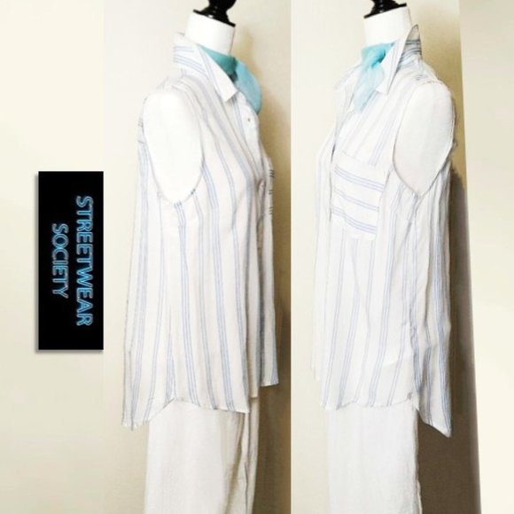 STREETWEAR SOCIETY Rayon Blouse Top White Blue Striped Sleeveless Button Front - Picture 3 of 11